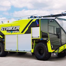Oshkosh Airport Products&apos; road rally across North America features the new Striker Volterra ARFF hybrid electric vehicle.