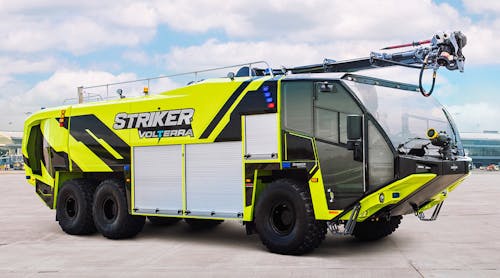 Oshkosh Airport Products&apos; road rally across North America features the new Striker Volterra ARFF hybrid electric vehicle.