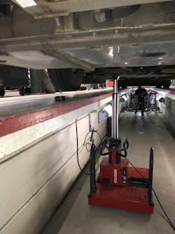 Vehicle lifting with the floor pit jack is done by an air-driven, fully hydraulic pump actuated by tandem foot pedals. Vehicle lifting with the floor pit jack is done by an air-driven, fully hydraulic pump actuated by tandem foot pedals.