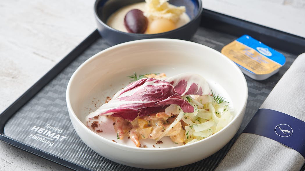 Hamburg cuisine is all about seafaring. On the menu is crab salad with a beetroot and potato terrine as an appetizer. Tasting Heimat, Lufthansa&apos;s new continental business class meal concept, brings German tastes of home on board.