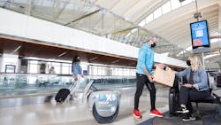 NomNom is a cargo robot that will carry up to 40 pounds of food at a time as it follows behind delivery staff from AtYourGate at LAX. NomNom is a cargo robot that will carry up to 40 pounds of food at a time as it follows behind delivery staff from AtYourGate at LAX.