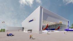 Development on a 27-acre site will include a hangar to accommodate up to three Boeing 737 aircrafts and apron space to accommodate up to eight Southwest Airlines jets, along with associated office and workshop space. The maintenance facility cost is estimated $135 million, which includes an investment of about $90 million from the airline. Development on a 27-acre site will include a hangar to accommodate up to three Boeing 737 aircrafts and apron space to accommodate up to eight Southwest Airlines jets, along with associated office and workshop space. The maintenance facility cost is estimated $135 million, which includes an investment of about $90 million from the airline.