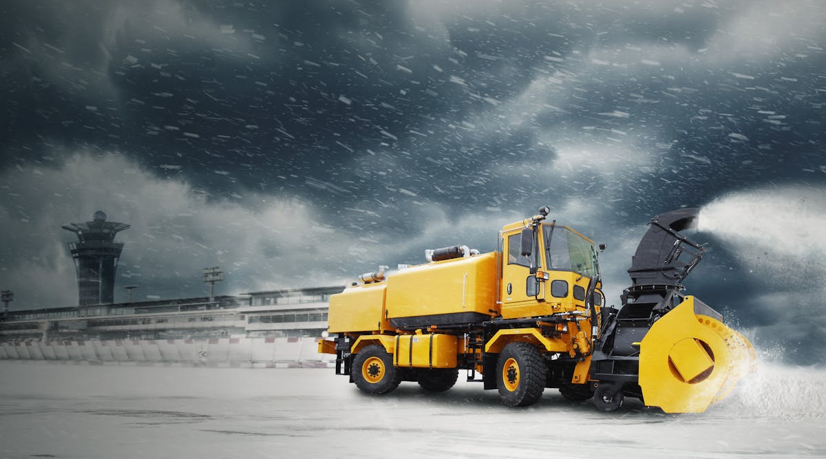 The MB4 high speed runway snowblower functions at a high capacity with the ability to move 7,500 tons of snow per hour.