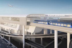 A rendering of the AirTrain approaching East Station at LaGuardia Airport in New York City. The watchdog group Reinvent Albany has concluded that the train line would cost about $345,900 per daily rider. A rendering of the AirTrain approaching East Station at LaGuardia Airport in New York City. The watchdog group Reinvent Albany has concluded that the train line would cost about $345,900 per daily rider.