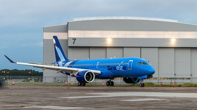Breeze Airways unveils the first of 80 Airbus A220 aircraft on order, powered exclusively by Pratt & Whitney&rsquo;s GTF engines.