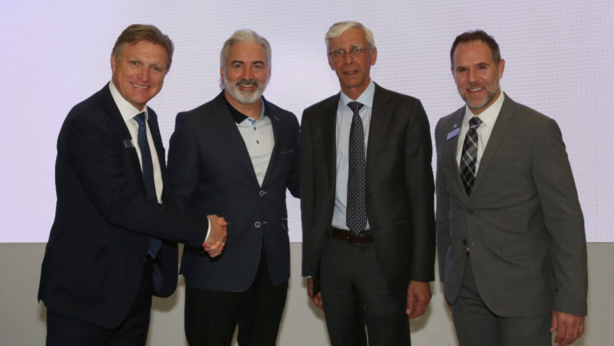 From left to right: Marc Parent, president and CEO of CAE; Michael Fedele, president, Innotech-Execaire Aviation Group; Nick Leontidis, group president, Civil Aviation, CAE; and Frederic Morais, head of CAE Flight Services.