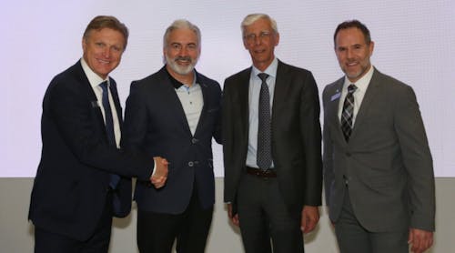 From left to right: Marc Parent, president and CEO of CAE; Michael Fedele, president, Innotech-Execaire Aviation Group; Nick Leontidis, group president, Civil Aviation, CAE; and Frederic Morais, head of CAE Flight Services.