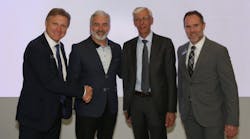 From left to right: Marc Parent, president and CEO of CAE; Michael Fedele, president, Innotech-Execaire Aviation Group; Nick Leontidis, group president, Civil Aviation, CAE; and Frederic Morais, head of CAE Flight Services.