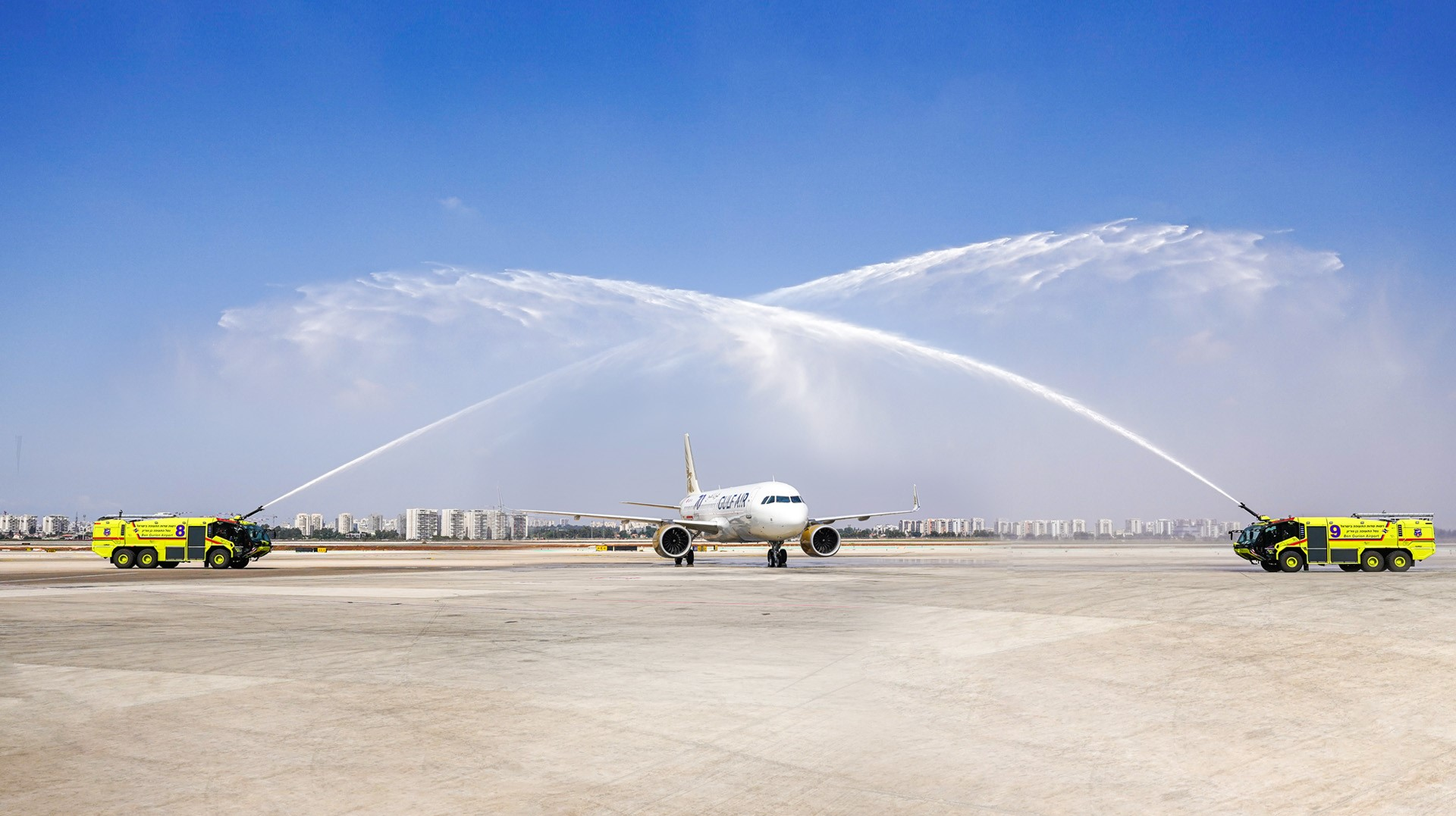 At Tel Aviv&rsquo;s Ben Gurion Airport, a water cannon salute welcomed the inaugural Gulf Air flight from Bahrain on Sept. 30.