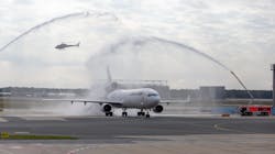 Lufthansa Cargo's last MD-11F was given a farewell with a water arch by Frankfurt Airport Fire Brigade. Lufthansa Cargo's last MD-11F was given a farewell with a water arch by Frankfurt Airport Fire Brigade.