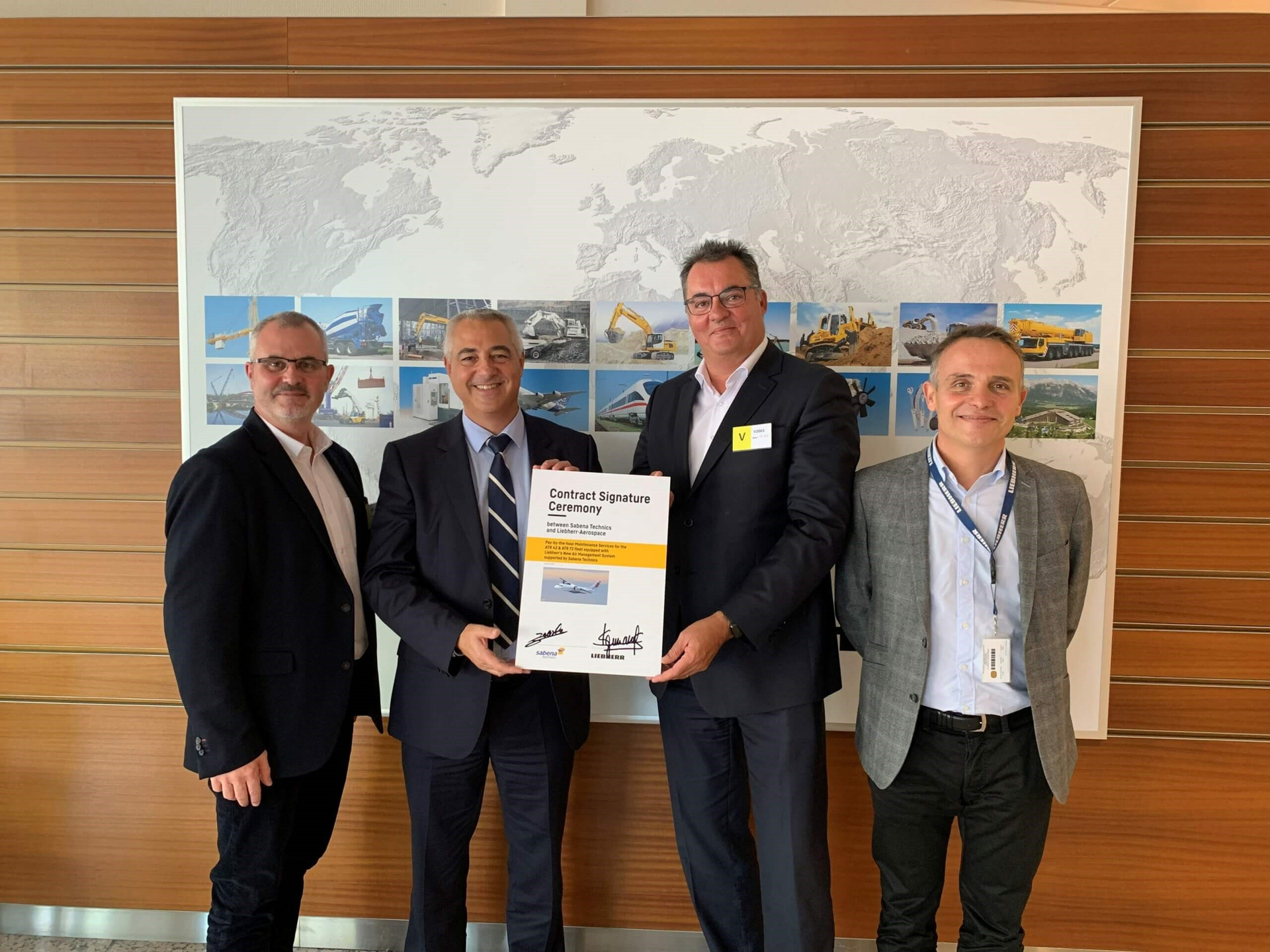 Sabena technics and Liebherr-Aerospace signed a maintenance agreement covering the new air management system component repairs for all ATR42/72-600 aircraft fleets supported by the European MRO. At a recent signing ceremony (from left to right) were: Alain Colin, Vice-President Production &ndash; Sabena technics, Thierry Gourmanel, Head of Sales & Marketing EUMA &ndash; Liebherr Aerospace, Philippe Delisle, Chief Operating Officer &ndash; Sabena technics, and Pierre Soulacroup, Regional Sales Manager &ndash; Liebherr Aerospace.