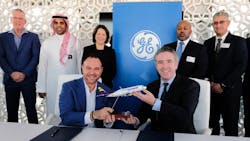 Front row left to right: Con Korfiatis, chief executive officer, flyadeal; and John Slattery, president and chief executive officer, GE Aviation. Back row left to right: Mike Hewitt, chief operating officer, flyadeal; Eng. Ibrahim Al-Omar, director general, Saudi Arabian Airlines Corporation; Kathy MacKenzie, president and chief executive officer, GE Aviation Commercial Engines; Russell Stokes, president and chief executive officer, GE Aviation Services; and Jason Tonich, vice president and general manager, Global Sales &amp; Marketing, GE Aviation.
