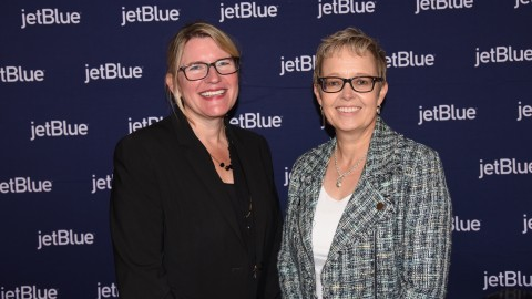 Joanna Geraghty, president and chief operating officer, JetBlue (left) and Lynne Embleton, chief executive officer and chairman, Aer Lingus at the IATA Annual General Meeting (AGM) in Boston on October 3, 2021.