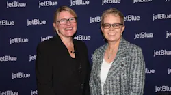 Joanna Geraghty, president and chief operating officer, JetBlue (left) and Lynne Embleton, chief executive officer and chairman, Aer Lingus at the IATA Annual General Meeting (AGM) in Boston on October 3, 2021.