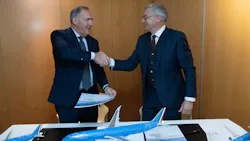 Left to right: ITA Airways Executive President Alfredo Altavilla and Airbus Chief Commercial Officer and Head of Airbus International Christian Scherer shake hands. ITA Airways, Italy’s new national carrier, has firmed up an order with Airbus for 28 aircraft.