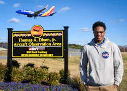 Izaiah Brown, a University of Maryland Eastern Shore aviation science student and aspiring pilot, stands for a portrait Nov. 26, 2021, at the Thomas A. Dixon Jr. Aircraft Observation Center as a Southwest Airlines plane flies behind him. Izaiah Brown, a University of Maryland Eastern Shore aviation science student and aspiring pilot, stands for a portrait Nov. 26, 2021, at the Thomas A. Dixon Jr. Aircraft Observation Center as a Southwest Airlines plane flies behind him.