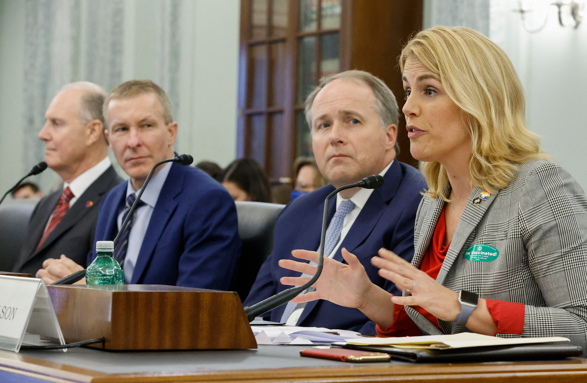 From left, Southwest Airlines CEO Gary Kelly, United Airlines CEO Scott Kirby, Delta Air Lines Executive Vice President John Laughter and Association of Flight Attendants-CWA International President Sara Nelson testify before the Senate Commerce, Science, and Transportation Committee in the Russell Senate Office Building on Capitol Hill on Dec. 15, 2021 in Washington, D.C. The air transportation executives testified about the current state of the U.S. airline industry during the oversight hearing.