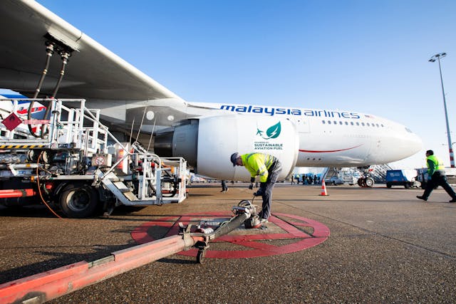 Refueling the flight MH7979 with 77 tonnes worth of a 38% blend mixture of Sustainable Aviation Fuel (SAF) at Amsterdam Airport Schiphol before departing for Kuala Lumpur