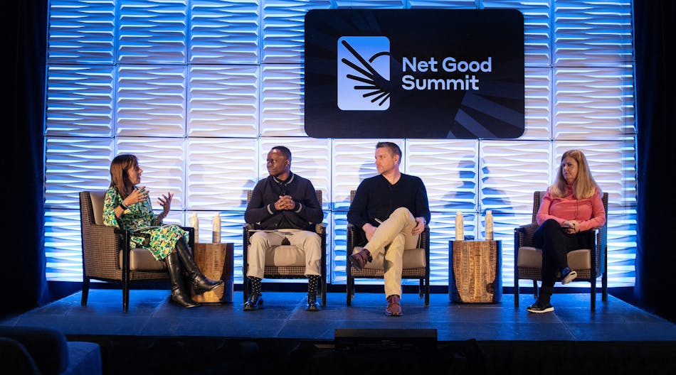 Photo of the &apos;Travel as a Force For Good&apos; panel at the Net Good Summit featuring Dr. Lourdes Maurice, Jerry Mpufane, Chris Allison, and Sheelagh Wylie.