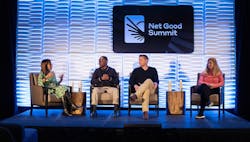 Photo of the 'Travel as a Force For Good' panel at the Net Good Summit featuring Dr. Lourdes Maurice, Jerry Mpufane, Chris Allison, and Sheelagh Wylie. Photo of the 'Travel as a Force For Good' panel at the Net Good Summit featuring Dr. Lourdes Maurice, Jerry Mpufane, Chris Allison, and Sheelagh Wylie.