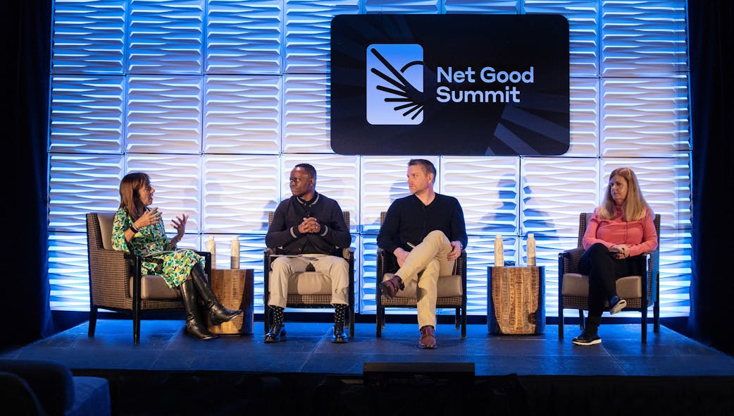 Photo of the &apos;Travel as a Force For Good&apos; panel at the Net Good Summit featuring Dr. Lourdes Maurice, Jerry Mpufane, Chris Allison, and Sheelagh Wylie.
