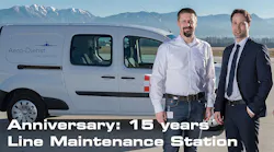 Aero-Dienst Maintenance Line Station in Vienna Celebrates its 15th year of operation. Christian Weigl (left), manager maintenance line stations, Austria, and André Ebach (right), head of maintenance at Aero-Dienst, pose for a photo.