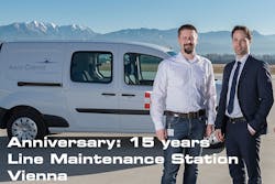 Aero-Dienst Maintenance Line Station in Vienna Celebrates its 15th year of operation. Christian Weigl (left), manager maintenance line stations, Austria, and Andr&eacute; Ebach (right), head of maintenance at Aero-Dienst, pose for a photo.