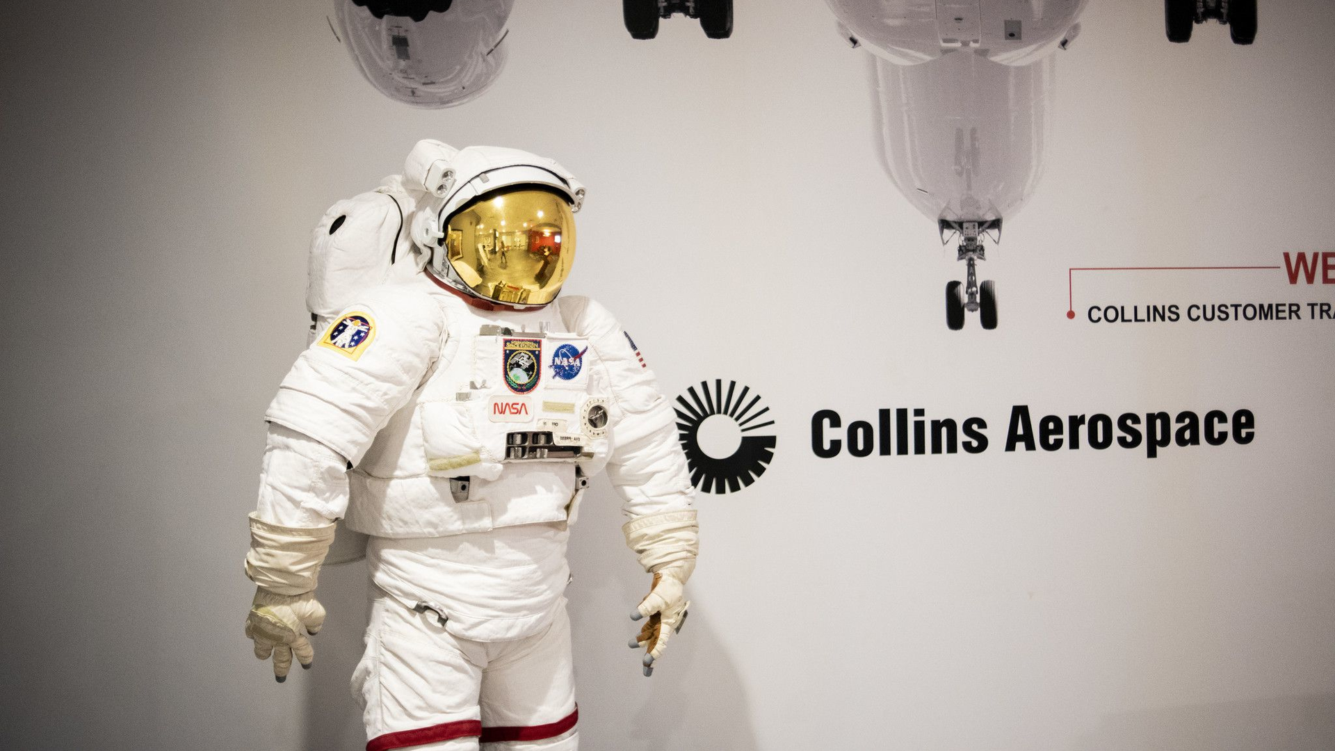 A space suit stands on display at Collins Aerospace Friday, Dec. 20, 2019, in Windsor Locks.