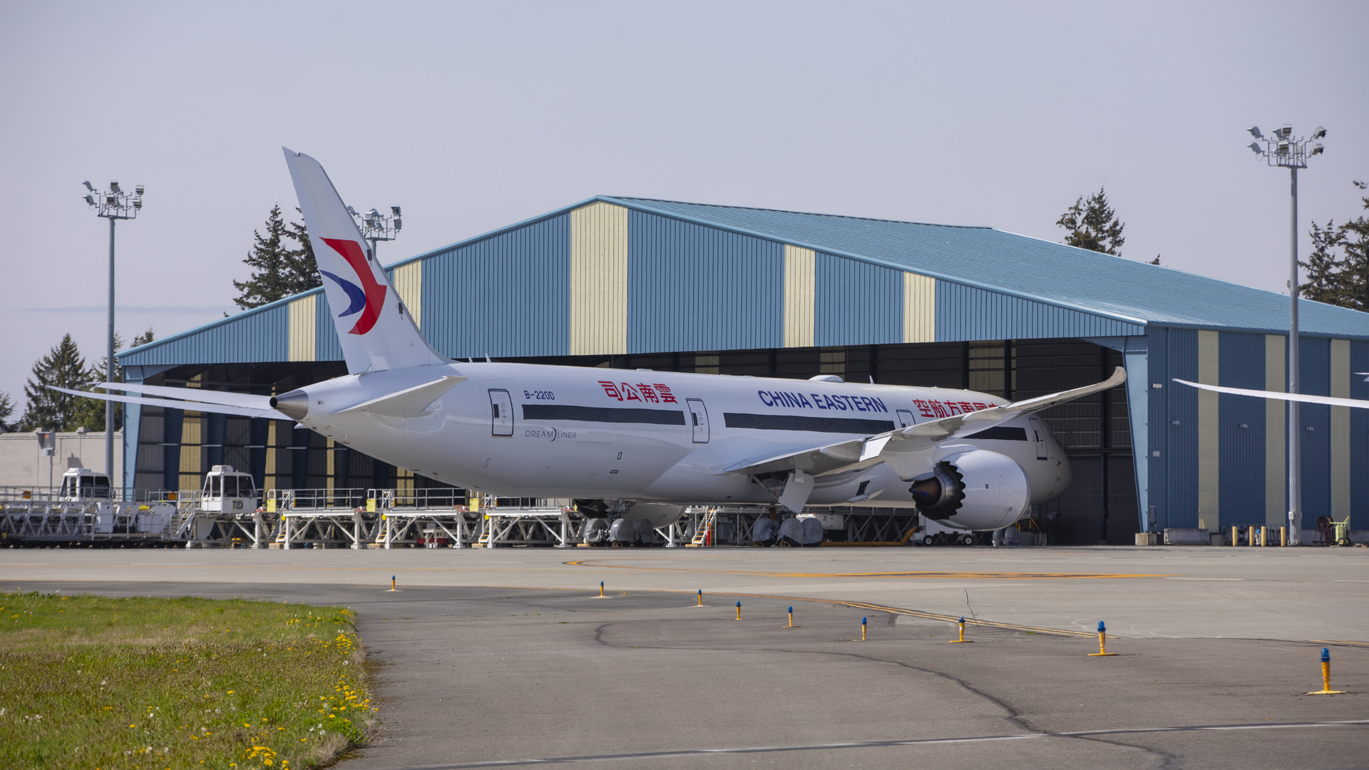 A China Eastern 787 is parked at the Dreamlifter Operations Center at the north end of Paine Field in Everett, Washington, Friday, April 23, 2021.