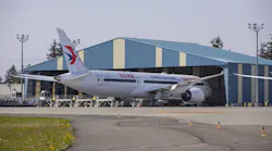 A China Eastern 787 is parked at the Dreamlifter Operations Center at the north end of Paine Field in Everett, Washington, Friday, April 23, 2021.