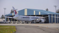 A China Eastern 787 is parked at the Dreamlifter Operations Center at the north end of Paine Field in Everett, Washington, Friday, April 23, 2021. A China Eastern 787 is parked at the Dreamlifter Operations Center at the north end of Paine Field in Everett, Washington, Friday, April 23, 2021.