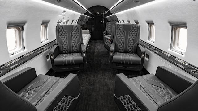 The Duncan Aviation Interior team touched all aspects of the interior except for the cabinet interior laminate. The project was highlighted by a full hydrographics package for all of the woodwork, customized seat upholstery, laminated upper galley accents, new soft goods and new plating.