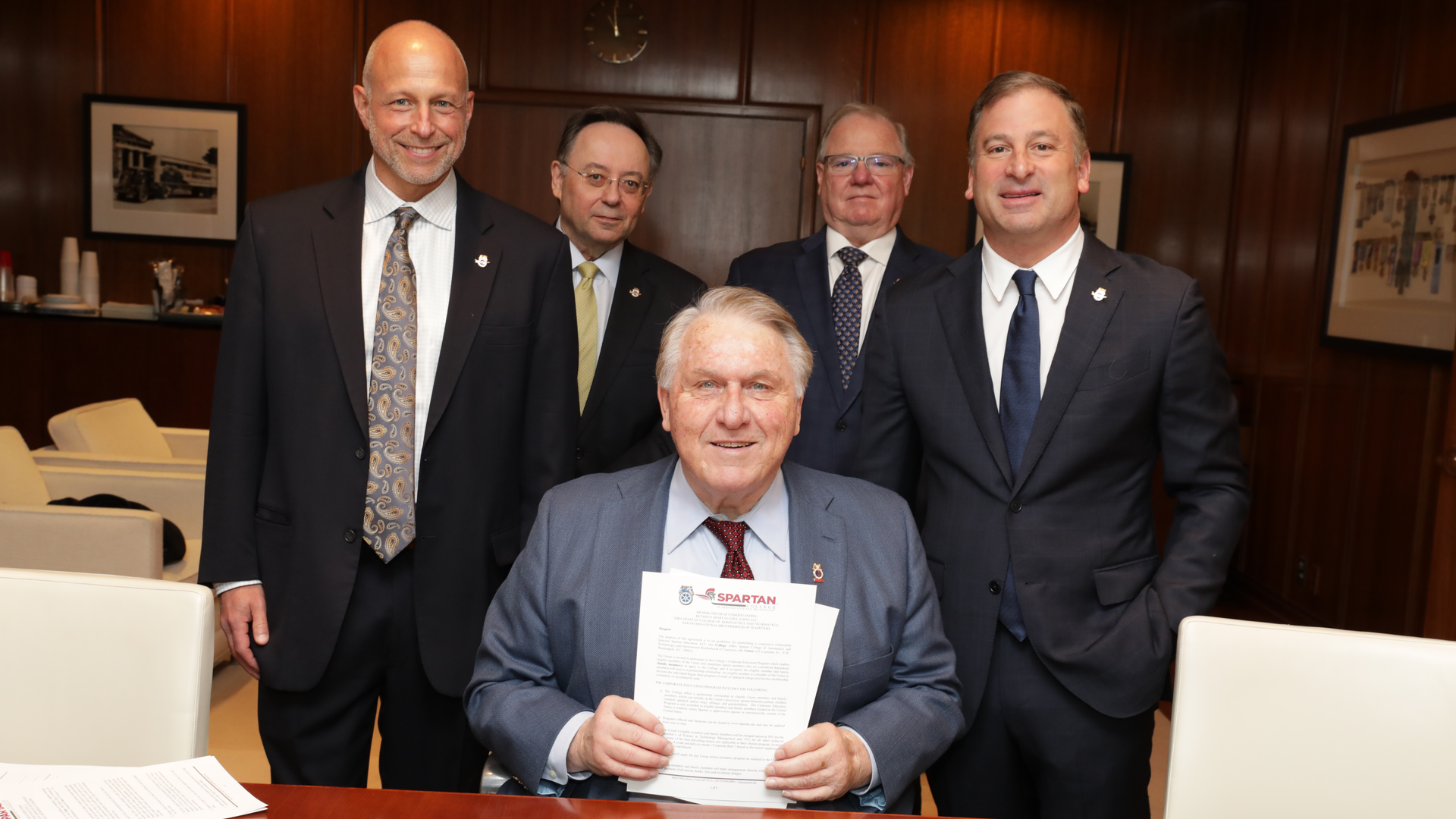 From left to right: Daniel Bregman, Executive Vice President of Strategy and Development of Spartan College of Aeronautics and Technology Captain David Bourne, Director of the Airline Division of International Brotherhood of Teamsters James Hoffa Jr., President of International Brotherhood of Teamsters Chris Moore, Airline Division Representative of International Brotherhood of Teamsters Rob Polston, Chief Executive Officer of Spartan College of Aeronautics and Technology