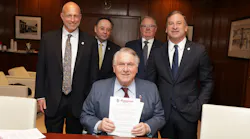 From left to right: Daniel Bregman, Executive Vice President of Strategy and Development of Spartan College of Aeronautics and Technology Captain David Bourne, Director of the Airline Division of International Brotherhood of Teamsters James Hoffa Jr., President of International Brotherhood of Teamsters Chris Moore, Airline Division Representative of International Brotherhood of Teamsters Rob Polston, Chief Executive Officer of Spartan College of Aeronautics and Technology
