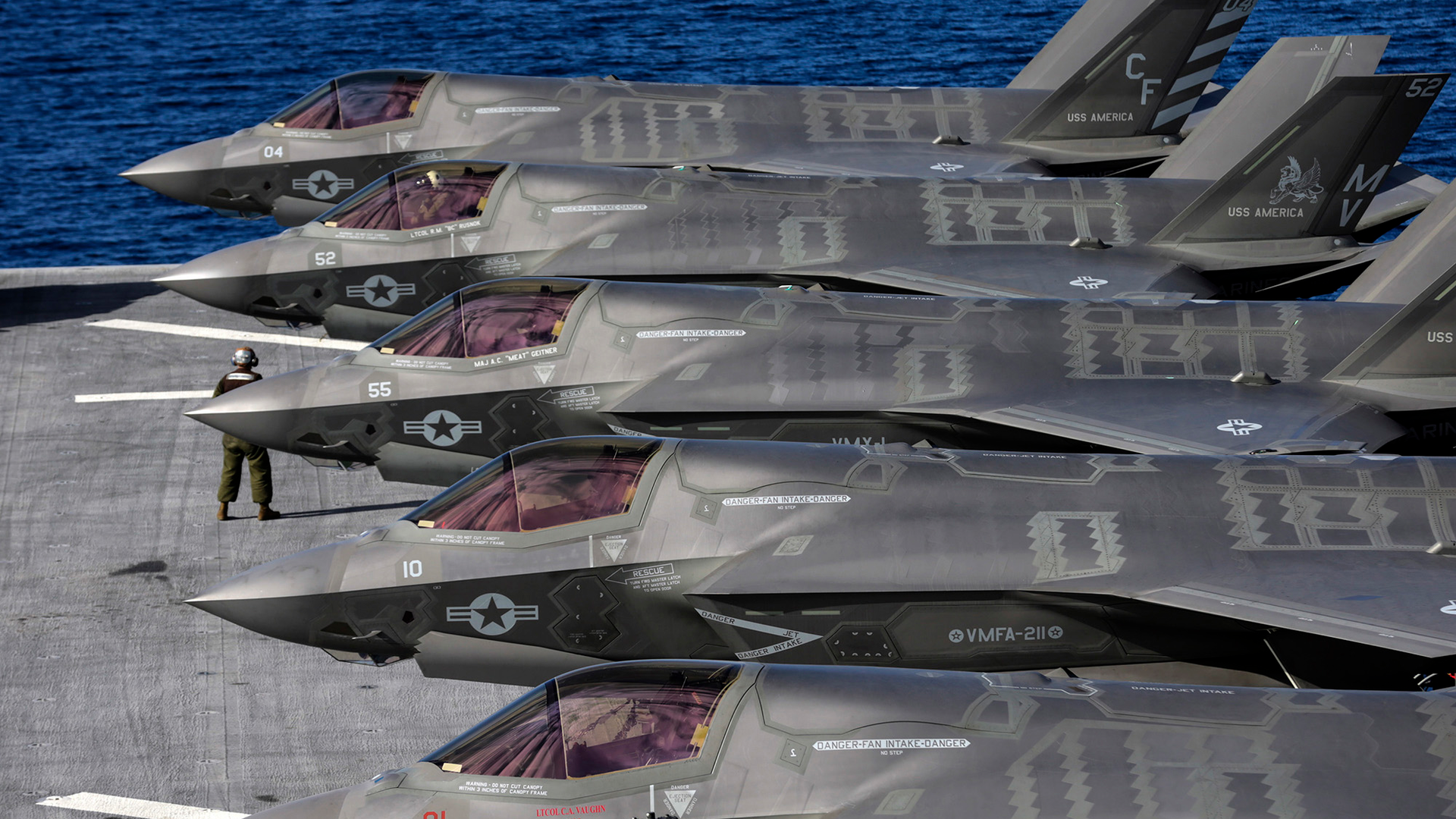 The Lockheed Martin F-35B Lightning II supersonic aircraft, which started its operational testing on the amphibious assault ship USS America.