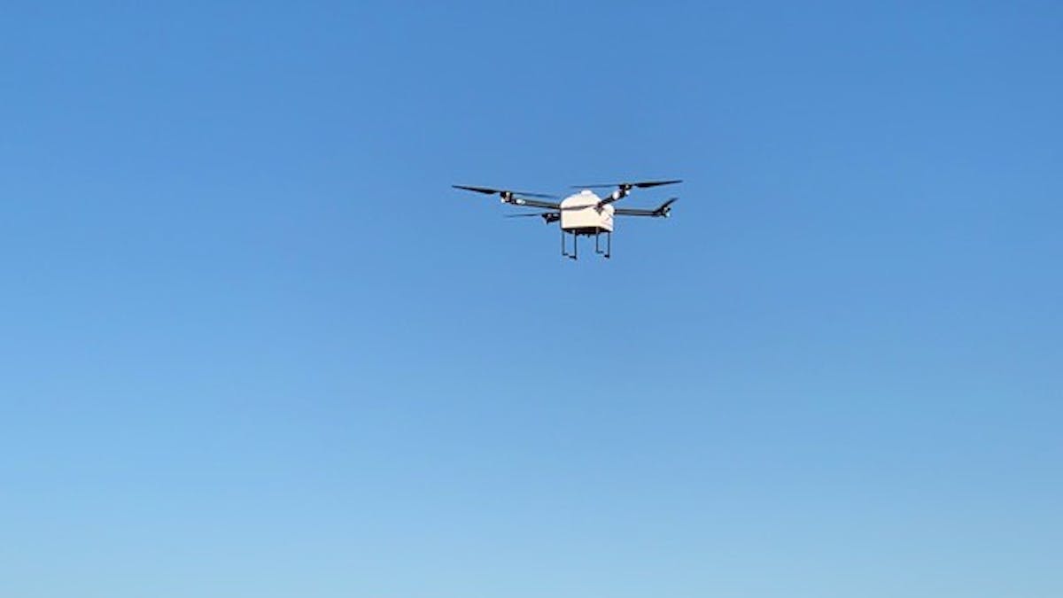 Workhorse in flight. Specific drone models won&rsquo;t be used in the initial feasibility study, but this image shows a model from a previous Airspace Link event showcasing drone capability in package delivery.