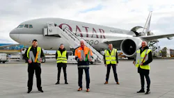 The inaugural flight on the new route was welcomed by Alexander Gentes (head of JETcargo HUB South at DB Schenker, first from left), Gerold Sellmayer (head of Air Cargo South at DB Schenker, second from left), Bernd H. Foerster (senior manager, Regional Cargo North Europe at Qatar Airways, first from right) and Frank Hermann (regional cargo manager, Germany, Switzerland, Luxembourg, second from right) together with Markus Heinelt (director, Cargo Development at Munich Airport, third from right).