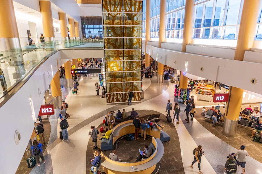A permanent art installation in the SEA North Satellite consists of 20 custom glass panels and one large bronze tree log and was designed to re-contextualize the familiar. A permanent art installation in the SEA North Satellite consists of 20 custom glass panels and one large bronze tree log and was designed to re-contextualize the familiar.