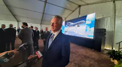 Sen. Tommy Tuberville discusses prospects for the LMXT tanker, shown on the screen behind him.