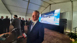 Sen. Tommy Tuberville discusses prospects for the LMXT tanker, shown on the screen behind him. Sen. Tommy Tuberville discusses prospects for the LMXT tanker, shown on the screen behind him.