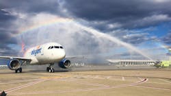 An Allegiant Air Airbus A319 receives a water-cannon salute on its inaugural flight to Dulles International Airport from Jacksonville, Florida in fall 2021. An Allegiant Air Airbus A319 receives a water-cannon salute on its inaugural flight to Dulles International Airport from Jacksonville, Florida in fall 2021.