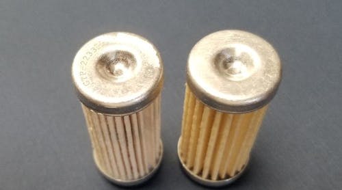 On the left is Gammon&apos;s filter, with part number GTP-2233 etched into the end. The other is a not-equal, but similar-looking filter, made for a different hydraulic application. The authentic part on the left has more pleats. In addition, the seal material of the part on the right is not compatible with all aviation fuels and the size of the seal is too large to properly seal in Gammon&apos;s gauge.