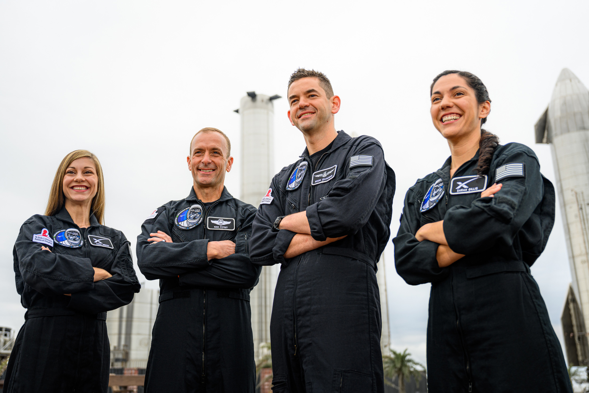 The crew of the Polaris Dawn mission of the Polaris Program are from left, SpaceX employee, mission specialist and medical officer Anna Menon, mission pilot Scott Poteet, mission commander and billionaire Jared Isaacman and SpaceX employee and mission specialist Sarah Gillis.
