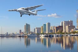 An Electra hybrid eSTOL aircraft in Yugo livery approaches a landing near Manila Bay. An Electra hybrid eSTOL aircraft in Yugo livery approaches a landing near Manila Bay.