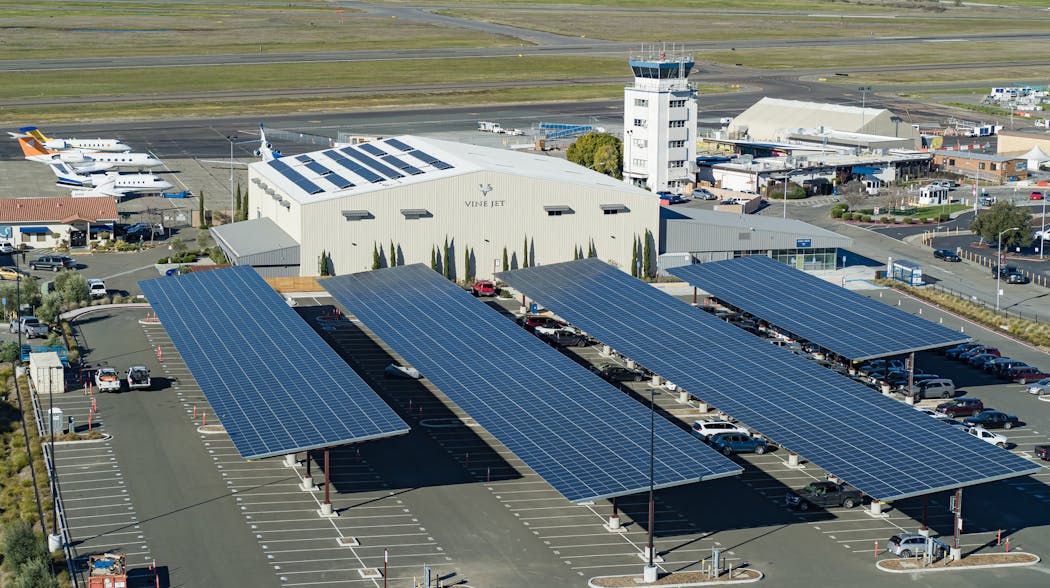 ForeFront Power installed an 884 kW solar energy parking canopy at Charles M. Schulz - Sonoma County Airport (STS).