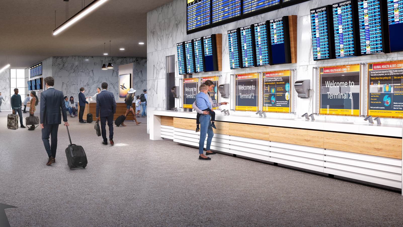 Travelers are already accustomed to monitoring flight information and airport maps, and a new concept would integrate handwashing with this existing signage.