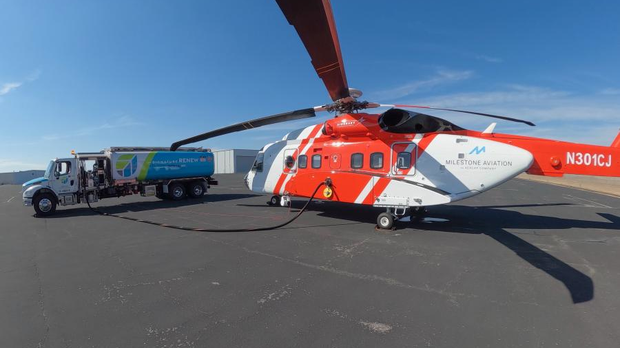The S-92 aircraft, operated by Milestone Aviation, fuels up on biofuel.