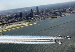 Burke Lakefront Airport encompasses 450 acres of waterfront land in downtown Cleveland, as seen in this photo from the Cleveland National Air Show. Burke Lakefront Airport encompasses 450 acres of waterfront land in downtown Cleveland, as seen in this photo from the Cleveland National Air Show.