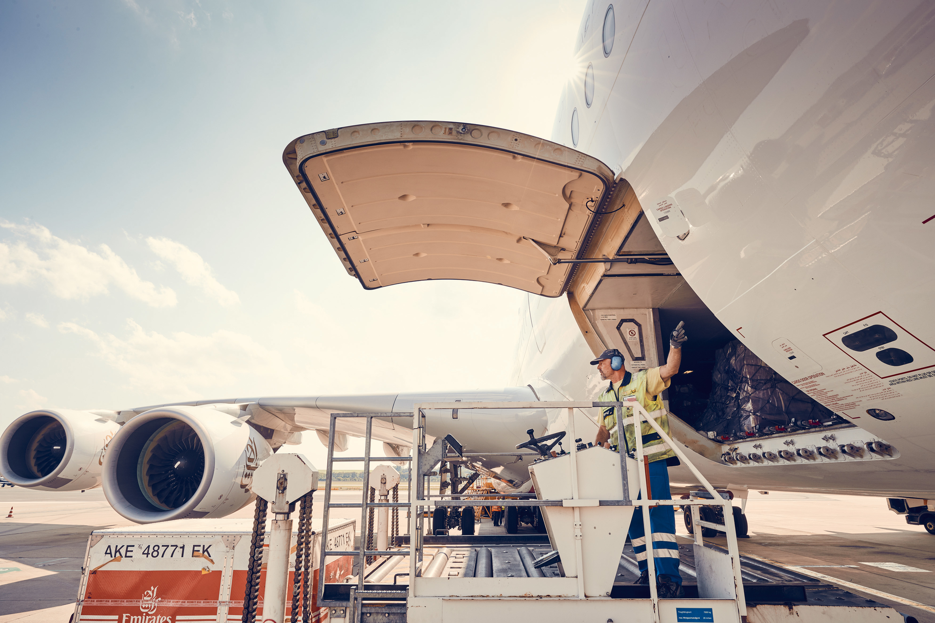 Belly cargo is loaded into an Airbus A380.