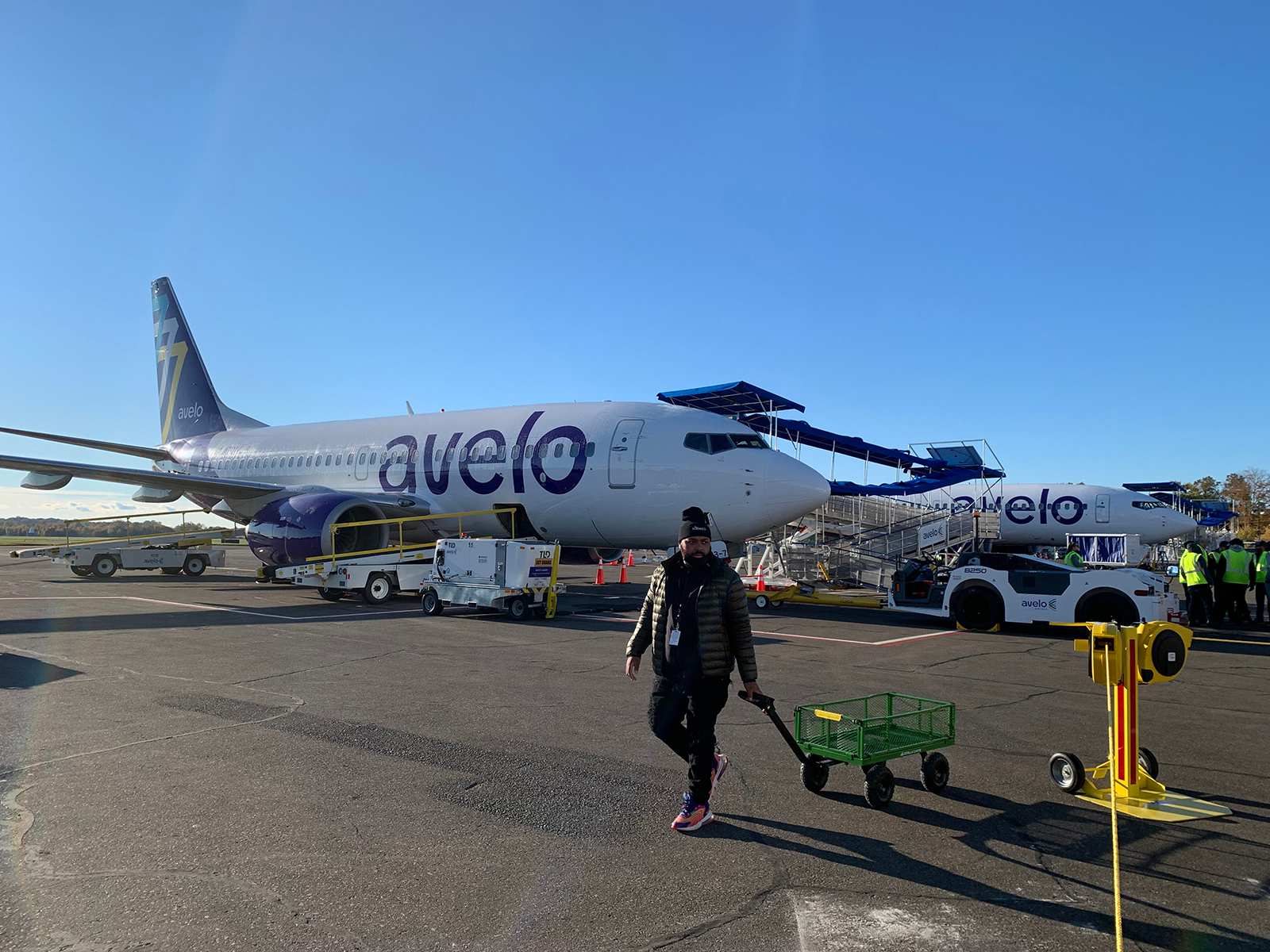 One of two Avelo Airlines 737 Next Gen, 147-seat, single cabin aircraft at Tweed-New Haven Airport.